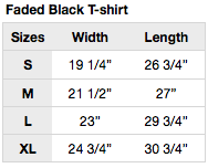 Faded Black T-shirt Size Chart